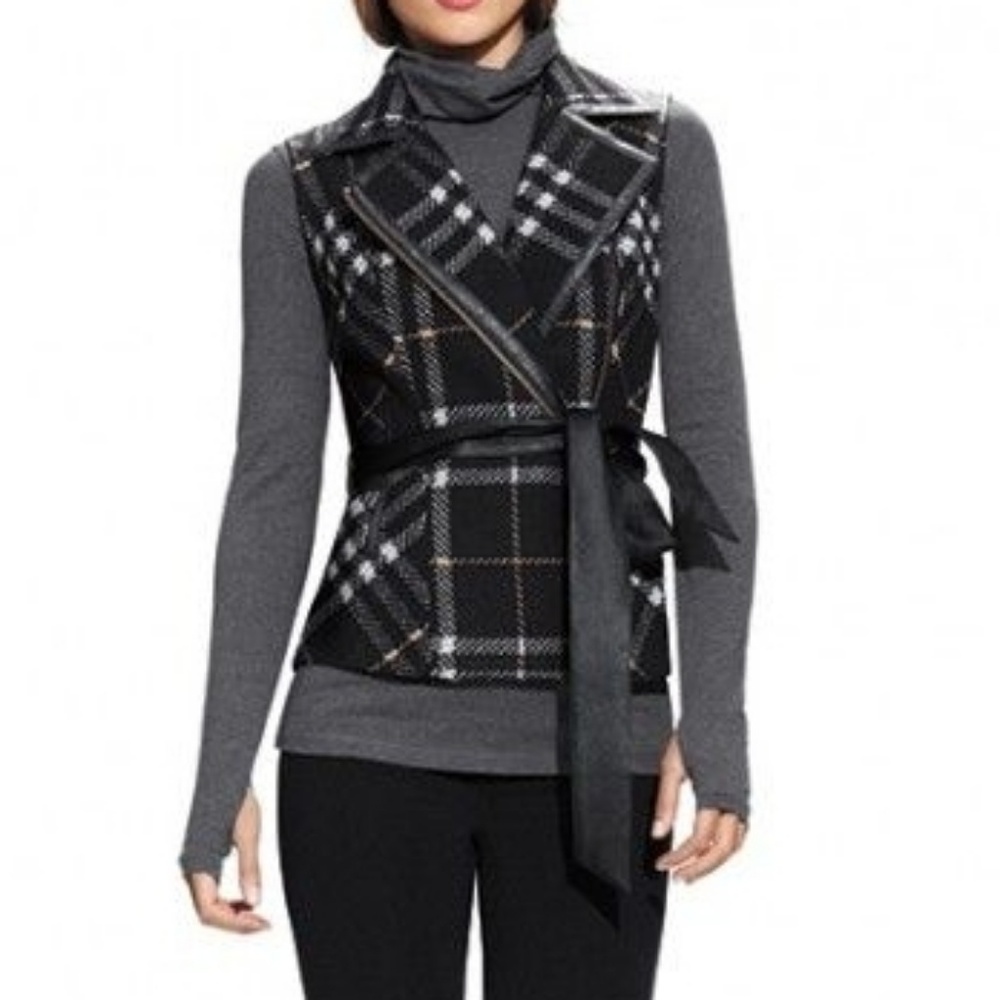 CABI Womens Black Plaid Wool Vest Faux Leather Trim Size M